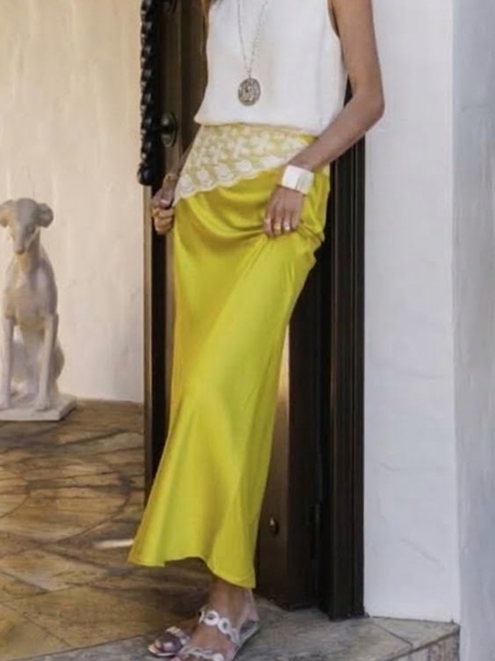 Alice & Olivia Yellow Satin Midi Skirt